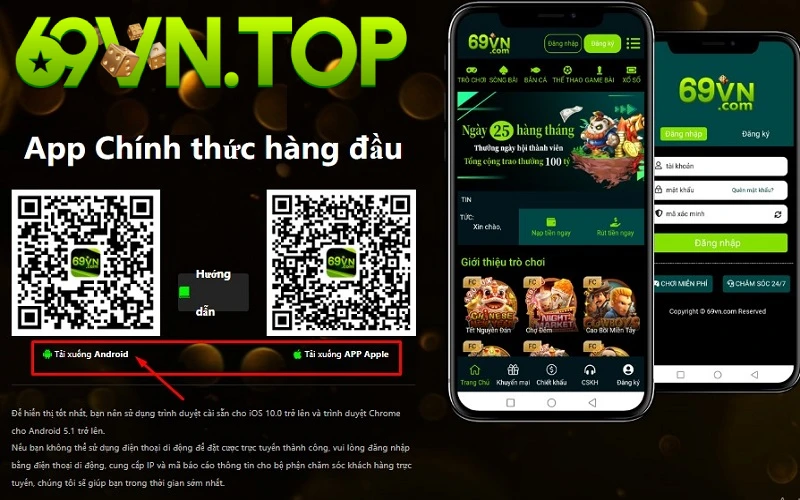 Click vào ô tải xuống Android để tiến hành cài đặt app 69VN trên trình giả lập