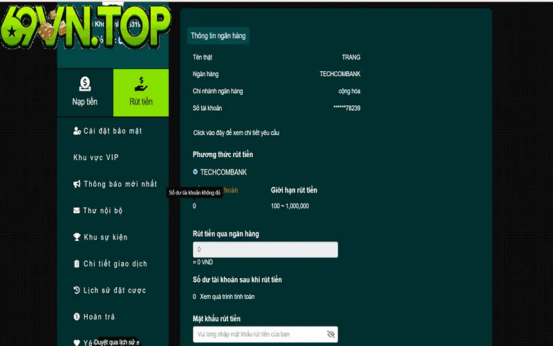Giao dịch rút tiền 69vn cần kiểm tra độ chính xác thông tin 